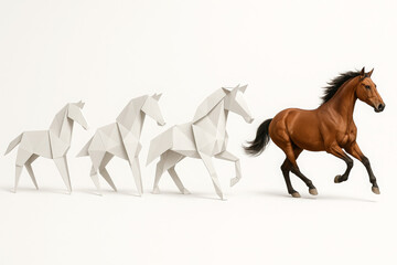 Conceptual journey of creation showing the evolution of a horse from a simple paper origami figure to a realistic galloping steed