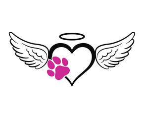 Angel wings heart with pink paw print symbol of pet love and remembrance