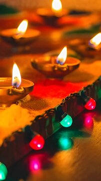 Traditional Indian Diwali decorations with lights, diyas, and rangoli in a warm, festive ambiance