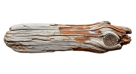 Weathered and textured piece of driftwood with a knot isolated on transparent background