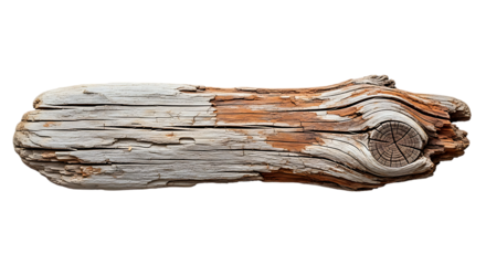 Weathered and textured piece of driftwood with a knot isolated on transparent background