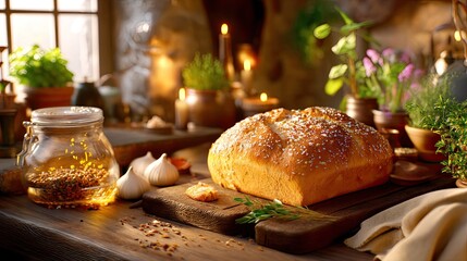 Freshly baked bread with garlic and herbs on rustic wooden table in cozy kitchen setting with warm lighting