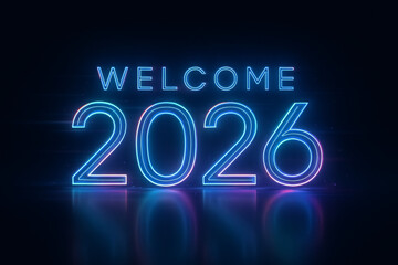 Futuristic 'Welcome 2026' greeting with vibrant, iridescent liquid metal typography on a sleek black background for the New Year celebration