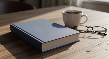 Naklejka premium Hardcover book mockup with coffee cup and eyeglasses on wooden table in natural light