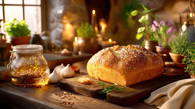 Freshly baked bread with garlic and herbs on rustic wooden table in cozy kitchen setting with warm lighting