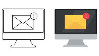 Email alert on computer monitor illustration. Notification envelope icon vector drawing. EPS communication symbol