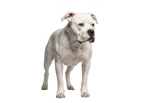 Full body shot of a white american bulldog standing alert, stock photo, canine breed, pet animal, dog breed, isolated on transparent background