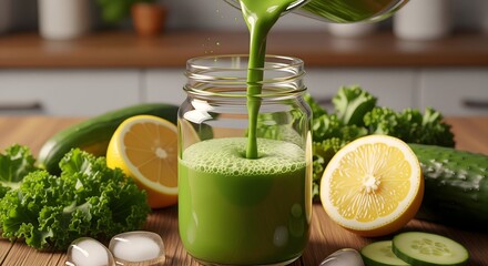 Fototapeta premium Green smoothie with lemon, kale, and cucumber