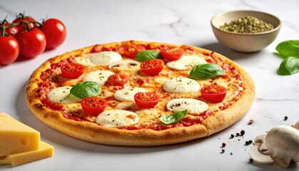Round pizza mozzarella, tomatoes, basil on white marble