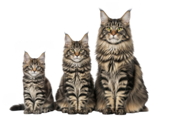 Three maine coon cats kitten cat feline pets animals isolated cute adorable furry mammals domestic isolated on transparent background