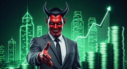 Devil wearing business suit extending hand in invitation gesture with background of rising economic graph, skyscrapers, and silver coins. Concept illustration symbolizing corruption, greed, and lust. 