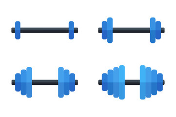 Dumbbell progression icon set. Editable vector illustration of increasing weight levels in blue. EPS fitness equipment pack