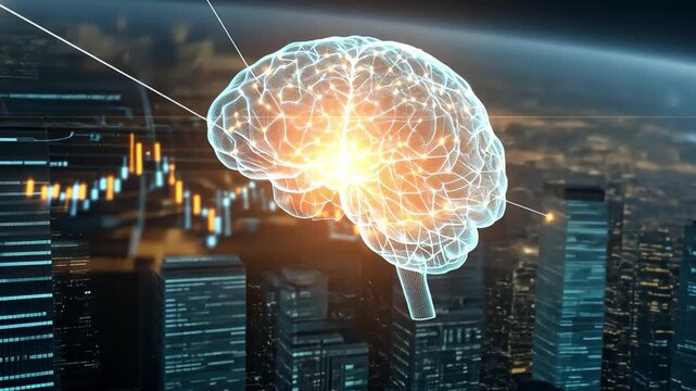 Brain as the Core: A mesmerizing visualization of the human brain, glowing with intricate detail against the backdrop of a dynamic cityscape.