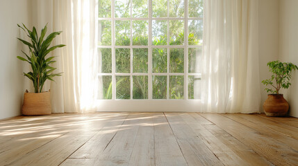 Bright, airy room with wooden floor and plants near large window