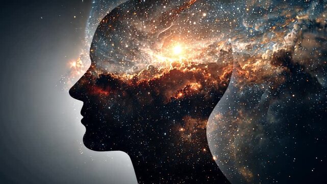 Mindscape Cosmos: A silhouette of a human head is dramatically filled with a vibrant cosmos, conveying the boundless expanse of the human mind and its connection to the universe. 