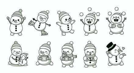 A collection of ten cartoon snowmen in various poses, some with hats and scarves, showing different activities and expressions.