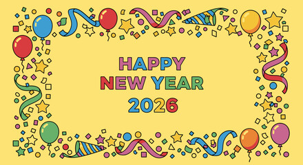 Festive New Year's greeting card featuring balloons, confetti, and streamers.