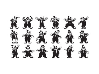 Illustration of a collection of cartoon clown characters in various poses, perfect for circus or entertainment themes
