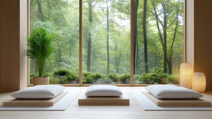 Serene meditation space with cushions, large windows, and lush forest view