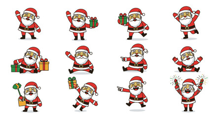 Collection of cartoon Santa Claus illustrations in various poses, festive and cheerful.