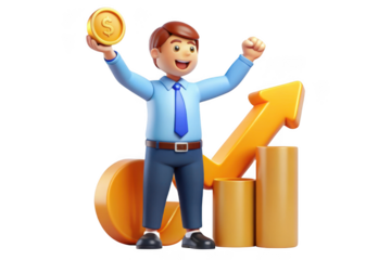 3d cartoon businessman celebrating financial success with coin and growth chart illustration, isolated on transparent background