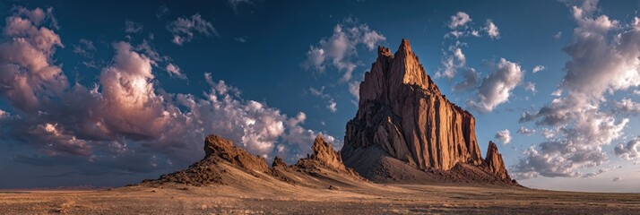 A dramatic landscape featuring a mesa at sunrise, bathed in golden light under a partly cloudy sky