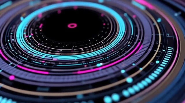Cybernetic Circle: a mesmerizing illustration of abstract and futuristic technology, featuring concentric rings of data and information swirling gracefully.