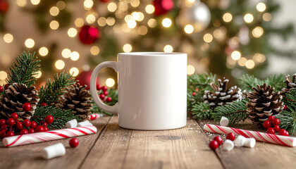 Holiday Delight: A pristine white mug sits amidst a festive holiday display, encircled by pine cones, holly berries, candy canes, and a lush Christmas tree backdrop.