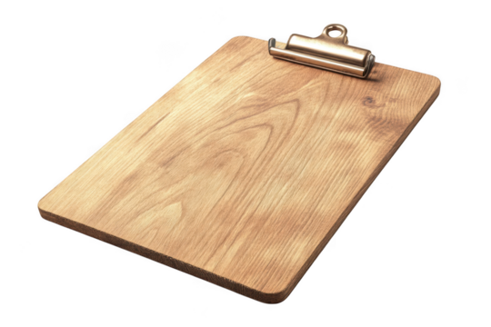 Wooden clipboard blank paper mockup template business office school education presentation design stationary clip document isolated on transparent background