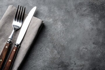 Flat lay of silverware on napkin against a textured, gray surface with space for text