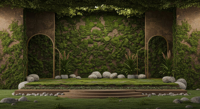 Lush Greenery and Arches Stage Design with Rocks backdrop