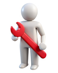 3D Render of White Humanoid Figure Holding Large Red Wrench Isolated