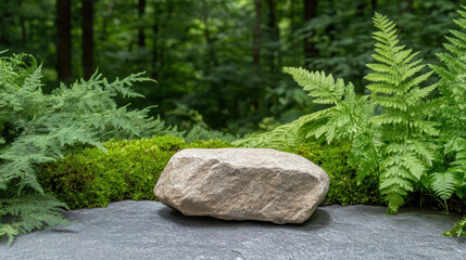 Mossy boulder rests beside lush ferns, creating serene natural scene