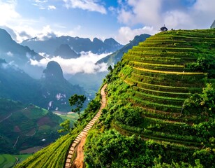 Picturesque view of rolling hills and terraced fields with a pathway