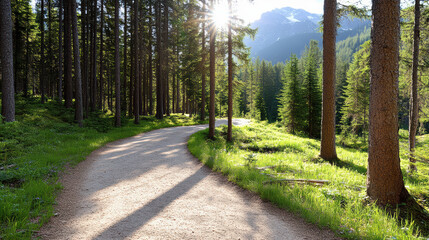 Fototapeta premium Winding hiking path through lush pine forest, illuminated by sunlight, creates serene atmosphere