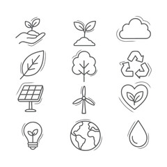 Eco-Friendly Line Art Icons Set for Environmental Sustainability.