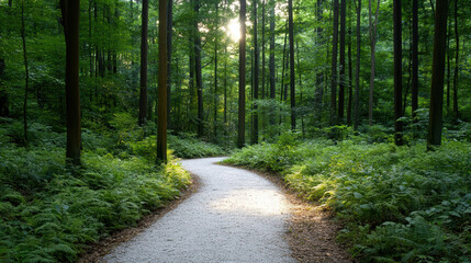 Fototapeta premium Winding path through lush green forest with sunlight filtering through trees creates serene