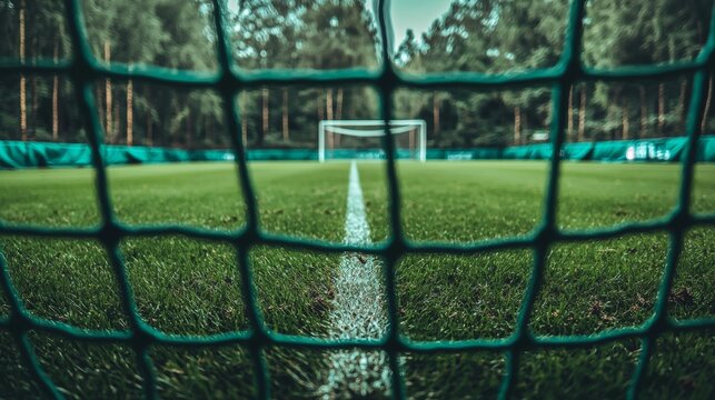 Green soccer field viewed through a goal net with forest backdrop and goal in distance - Powered by Adobe
