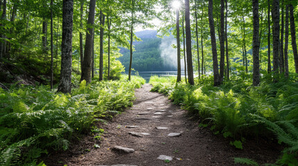 Obraz premium Serene path leads through lush ferns towards tranquil lake, surrounded by trees