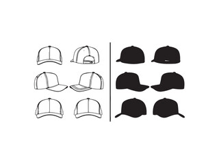 Illustration of collection of baseball cap outline and silhouette, showcasing various angles and styles of the headwear