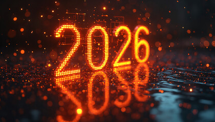 Glowing 2026 Numbers with Reflection and Particles
