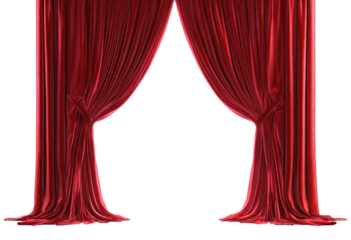 Luxurious red velvet theater curtains, parted, revealing a dark stage