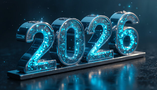 Metallic 2026 numbers with blue sparkles - Powered by Adobe