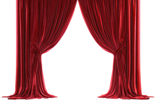 Luxurious red velvet theater curtains, parted, revealing a dark stage
