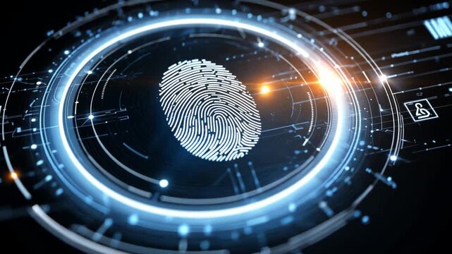 Digital Fingerprint Security: A glowing digital fingerprint, representing biometric identification and access, embedded within a futuristic circular interface.