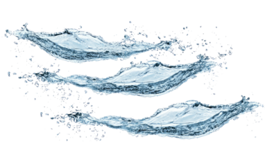 Three dynamic splashes of clear liquid creating a fluid wave effect