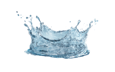 Clear liquid splashing upward, forming a crown shape, isolated on black
