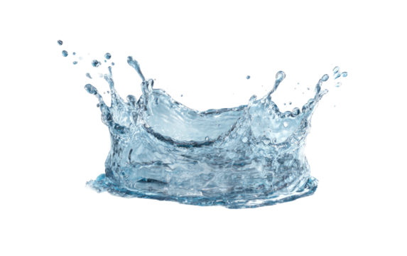 Clear liquid splashing upward, forming a crown shape, isolated on black