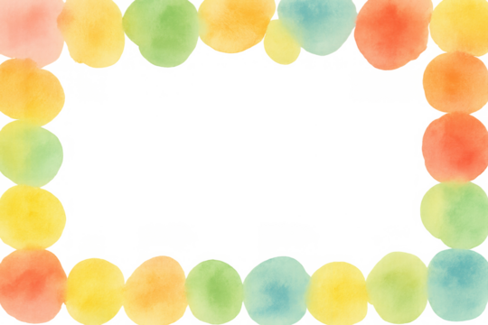 Watercolor splash border creating a colorful frame with pastel polka dots, a creative design element on transparent background