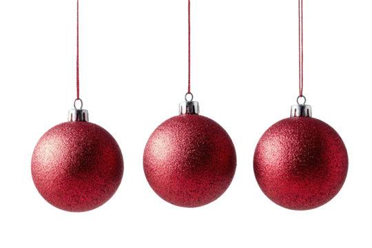 Three sparkling red ornaments hang by red strings against a black background